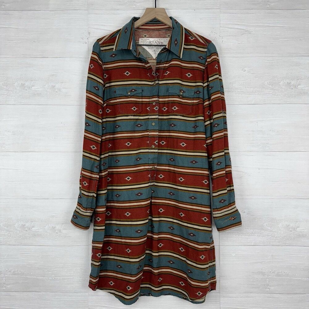 Ryan Michael Tunic Shirt Dress Women L Aztec Blanket Stripe Western Linen‎ Blend